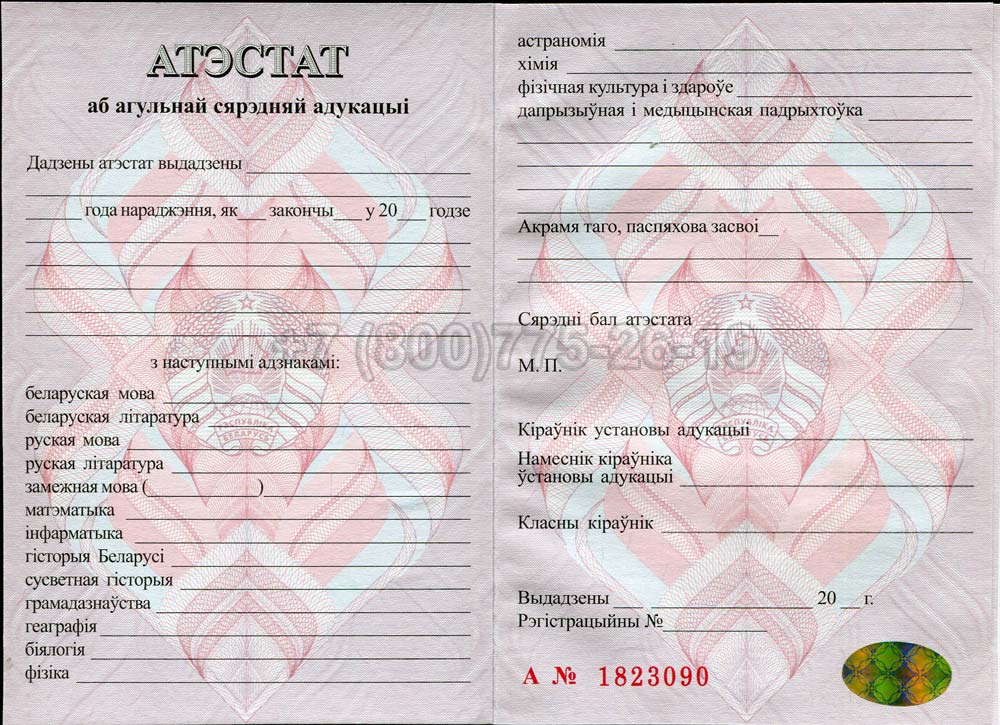 Аттестат о полном среднем образовании Беларуси Гознак 2000-2025 год выпуска г.Владивосток